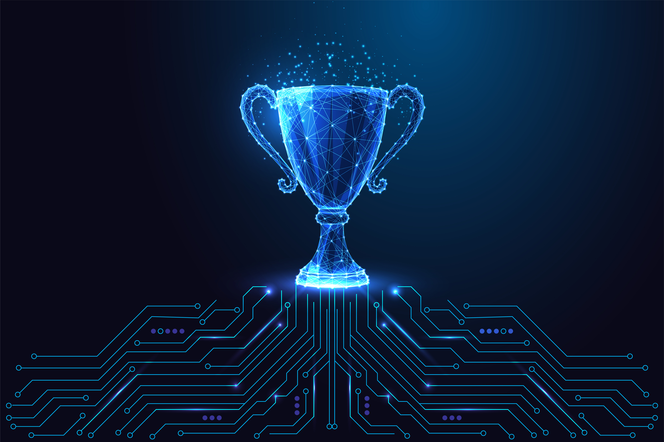 Blue digital trophy above a glowing circuit board background representing technology achievement