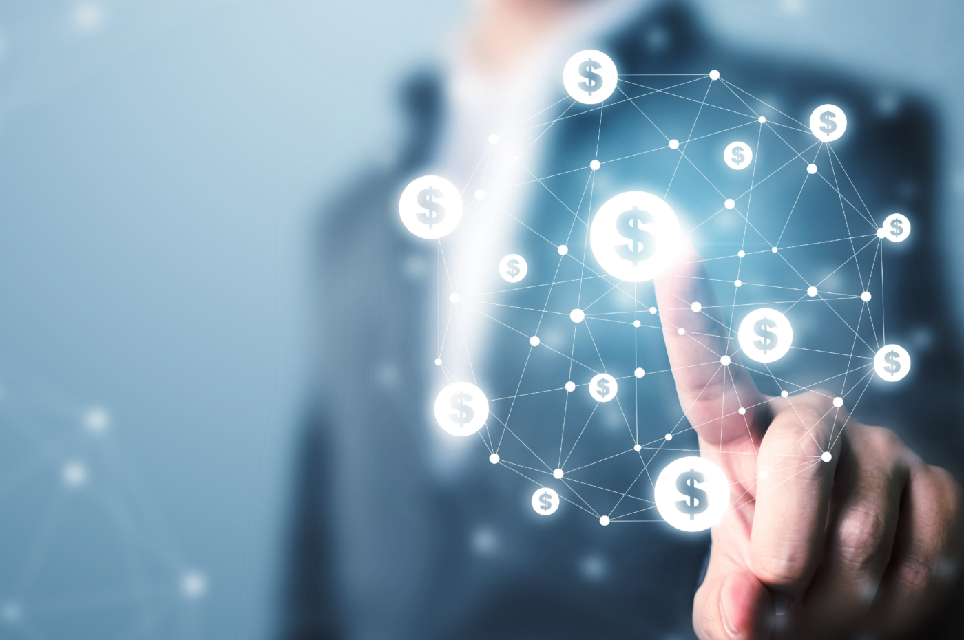 Hand touching digital network of dollar symbols on blue background