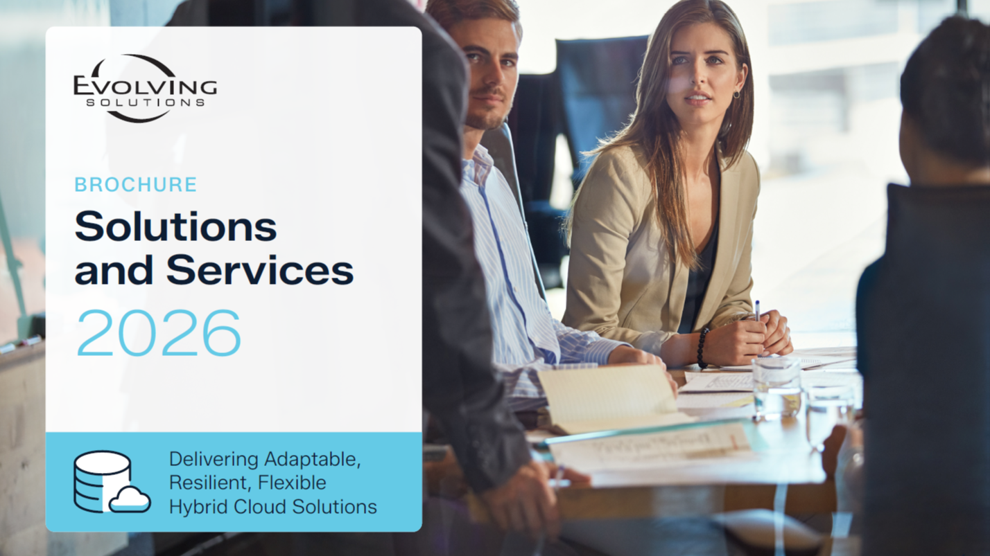 Evolving Solutions brochure cover, "Solutions and Services 2026," featuring a business meeting scene