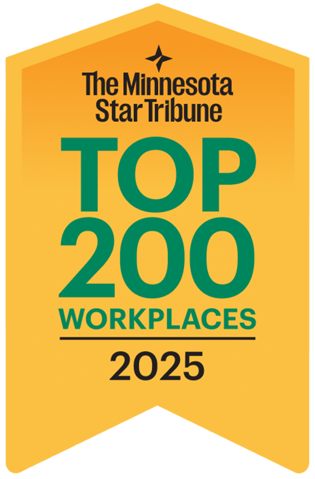 The Minnesota Star Tribune Top 200 Workplaces 2025 award on orange background
