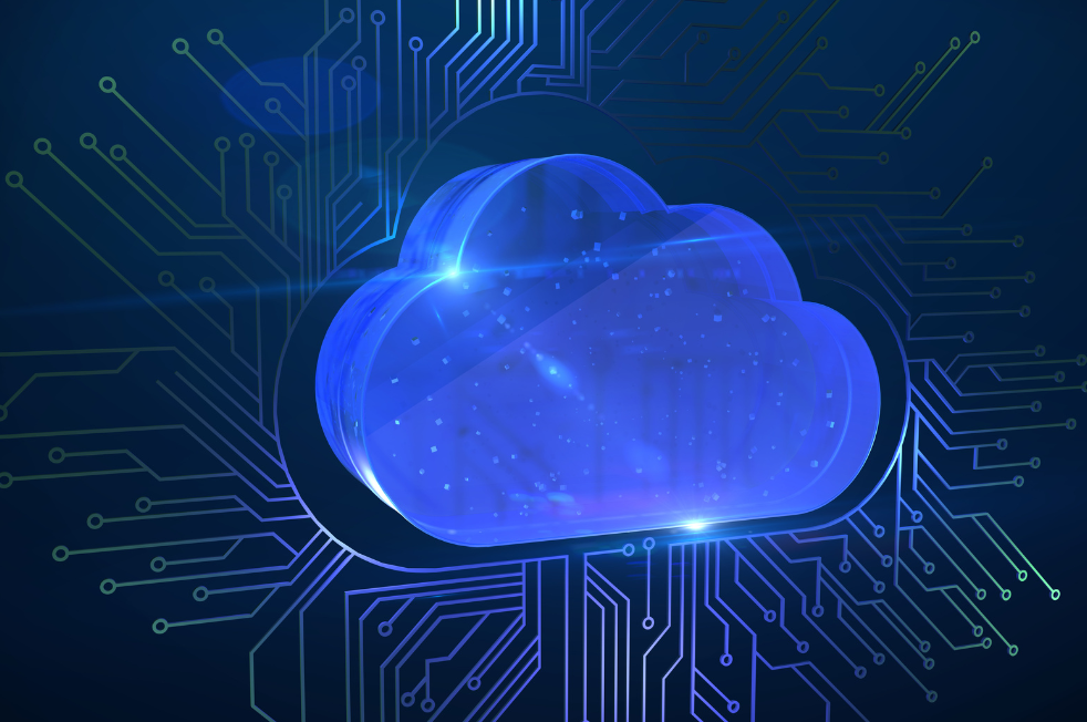 Glowing blue cloud with digital circuit lines, symbolizing cloud computing technology