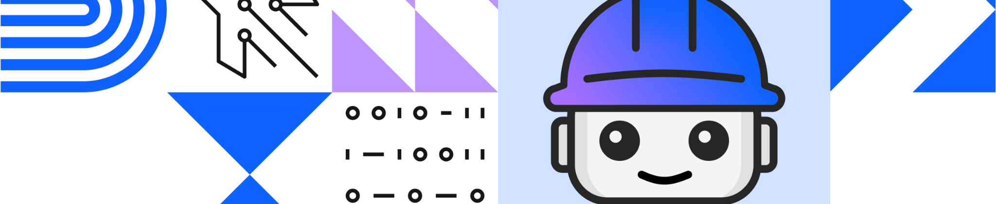 Smiling cartoon robot with blue hard hat, geometric background, binary code