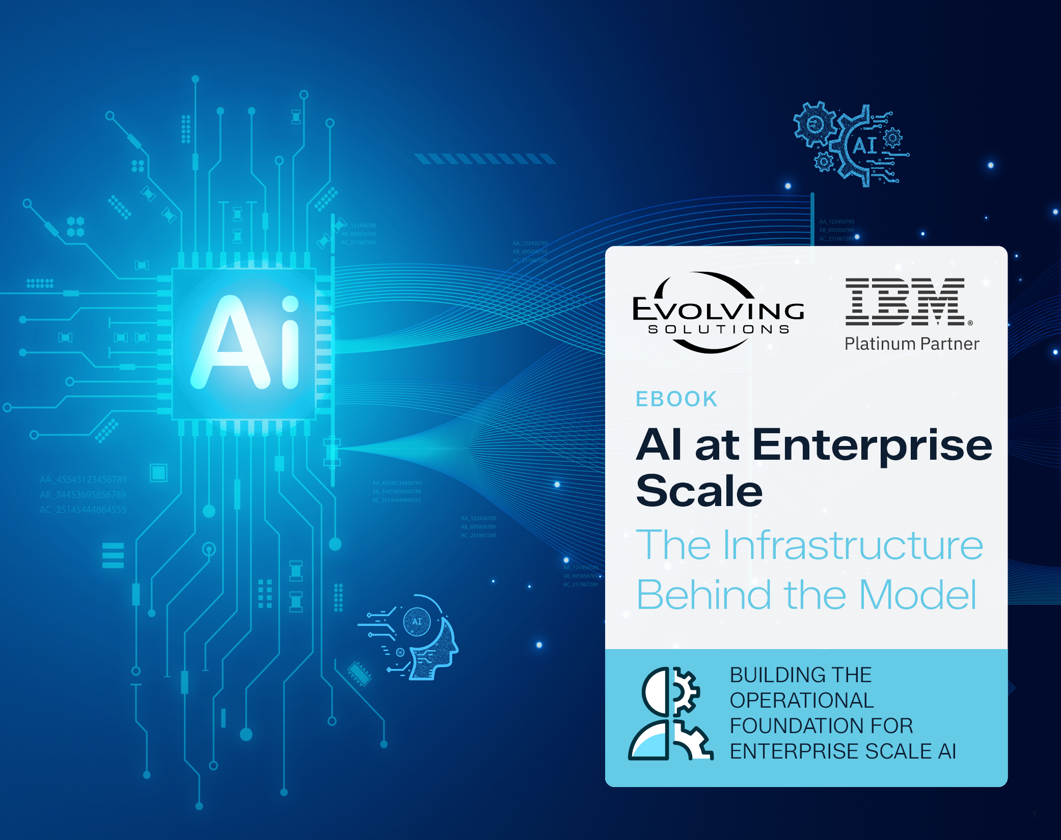 Evolving Solutions and IBM ebook cover, "AI at Enterprise Scale: The Infrastructure Behind the Model," with digital AI circuit design