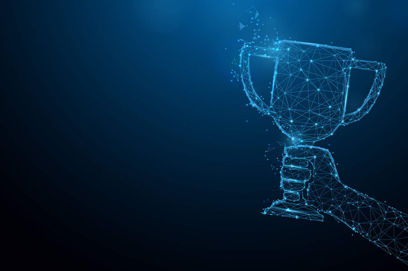 Digital wireframe trophy held by a hand on a dark blue gradient background