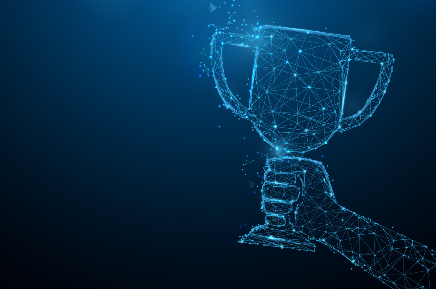 Digital wireframe hand holding a trophy against a dark background