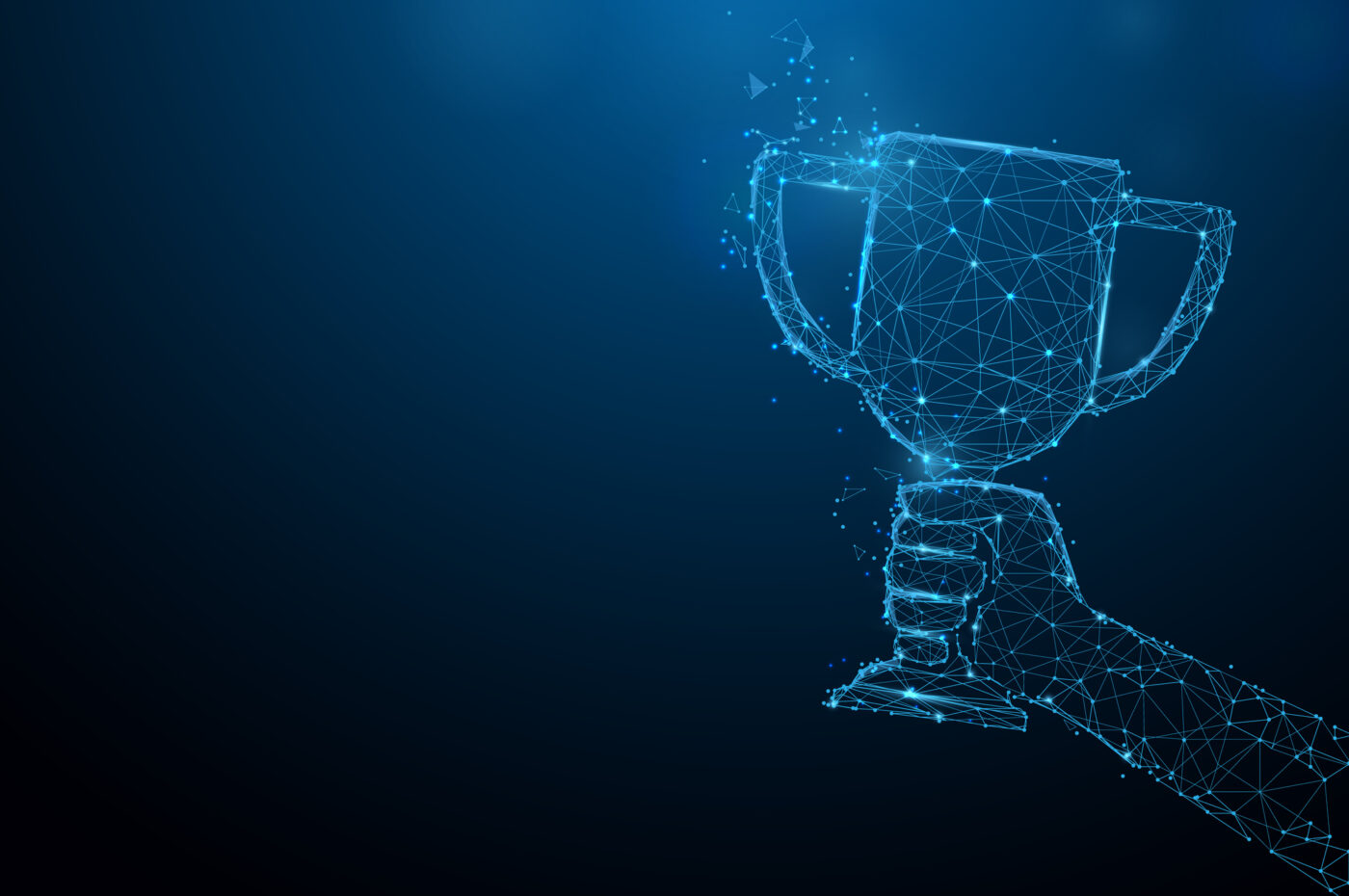 Digital blue wireframe hand holding a trophy against a dark background