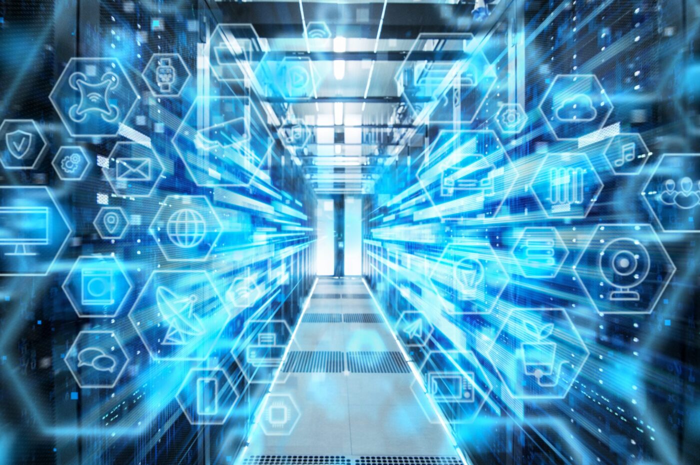 Digital blue graphics overlay on a data server hallway