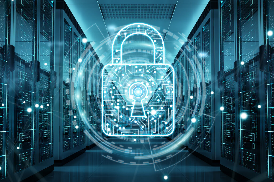Digital padlock symbol in futuristic data server room, representing cybersecurity and data protection