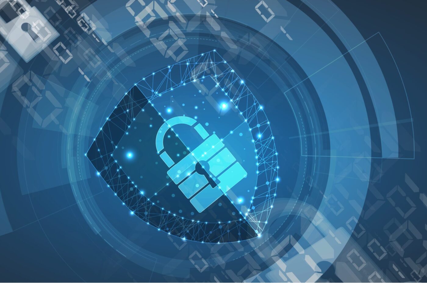 Blue digital padlock icon surrounded by geometric shapes and binary code, symbolizing cybersecurity
