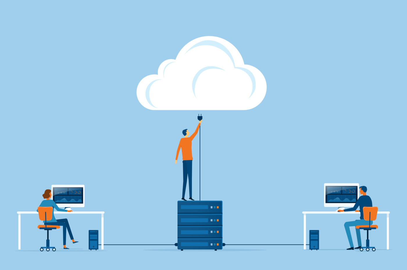 Person connects server to cloud while colleagues work at desks