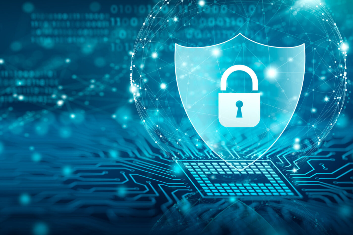 Futuristic digital shield with lock symbol over circuit board, representing cybersecurity and data protection