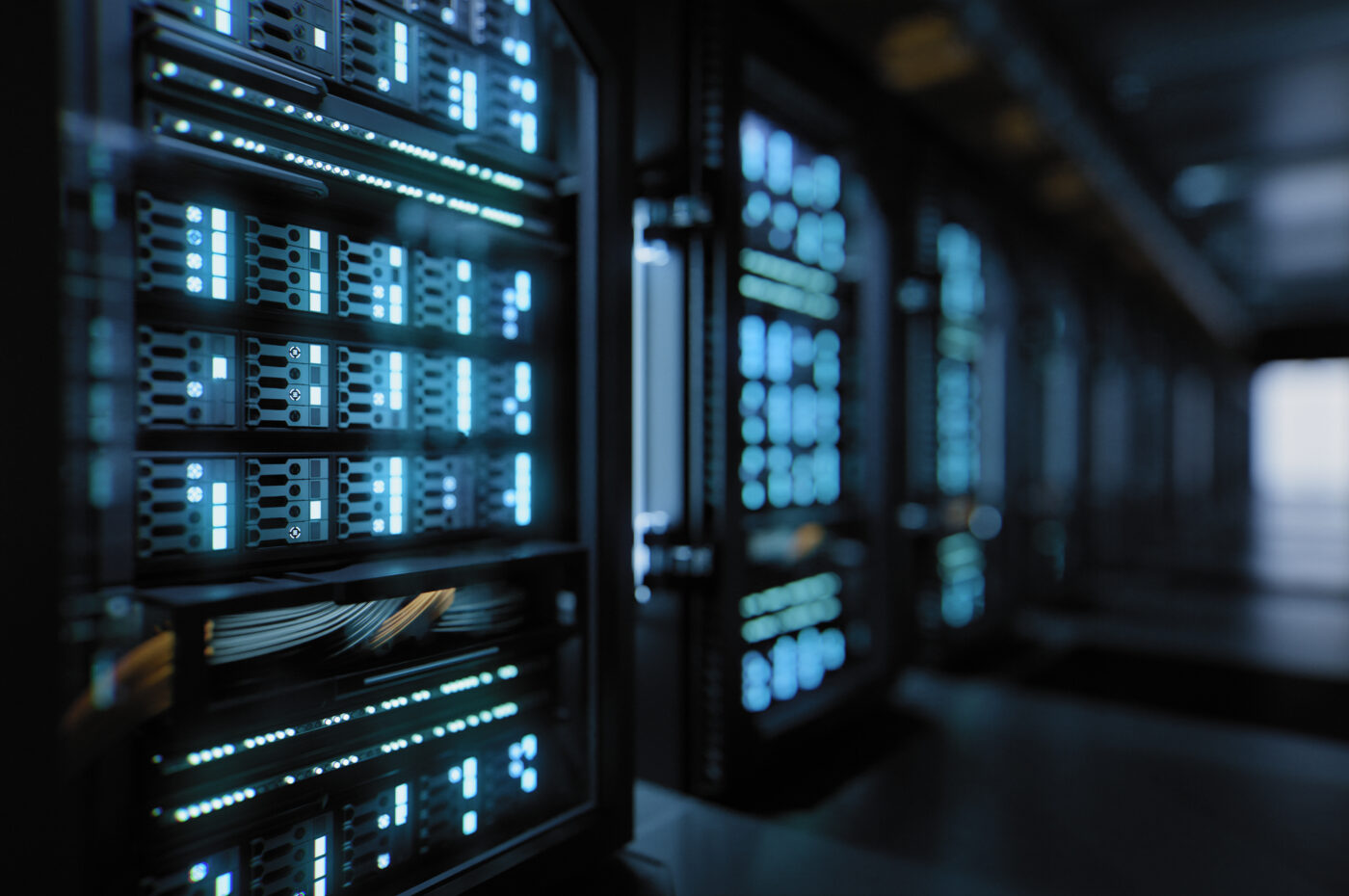 Illuminated server racks in a data center with blue lights