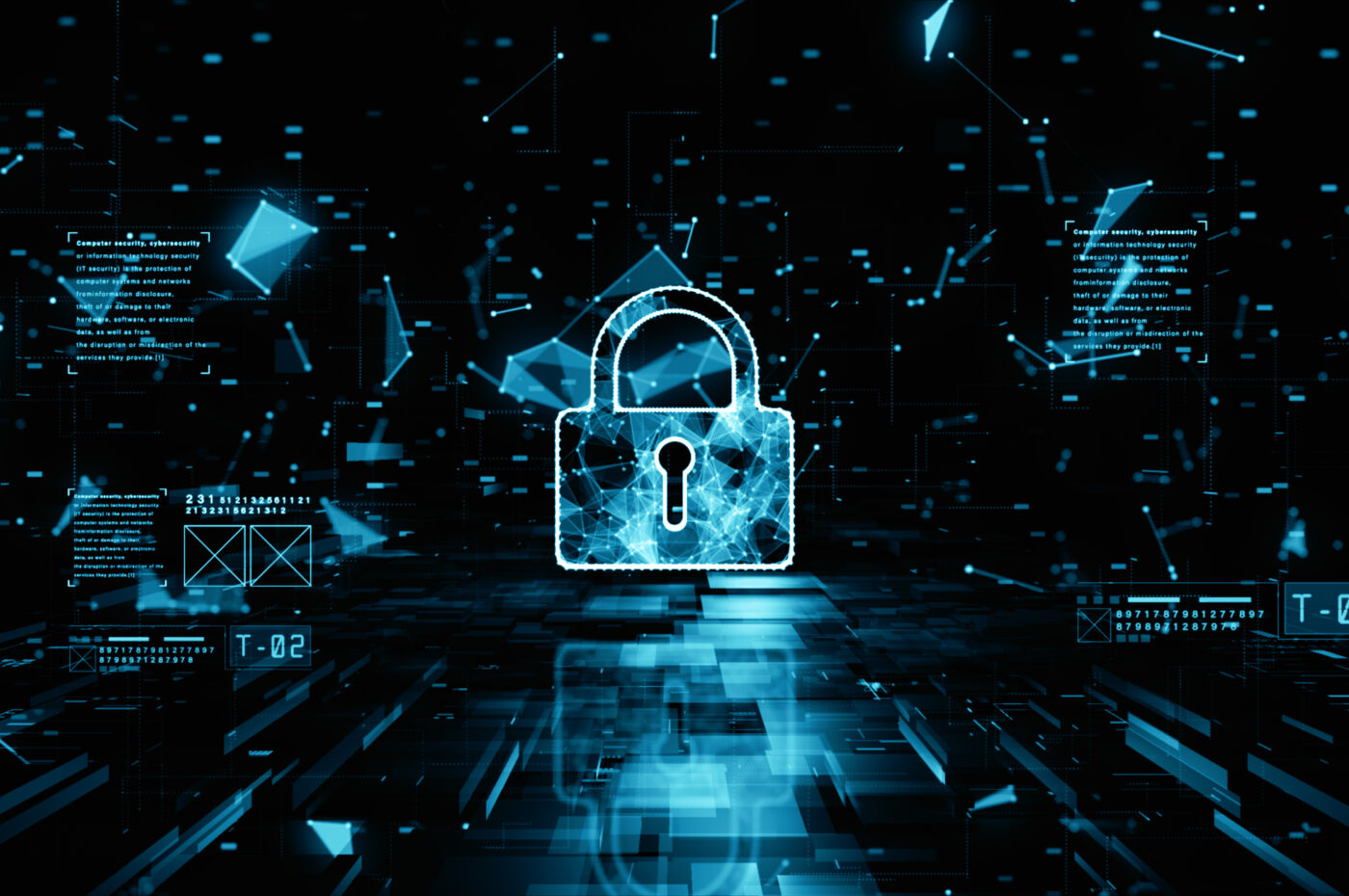 Glowing digital lock symbolizing cybersecurity amidst abstract data elements and network nodes