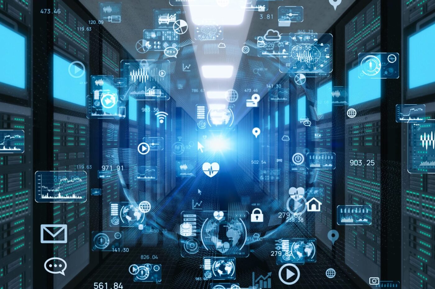 Digital icons overlaying a server room, illustrating data flow and connectivity