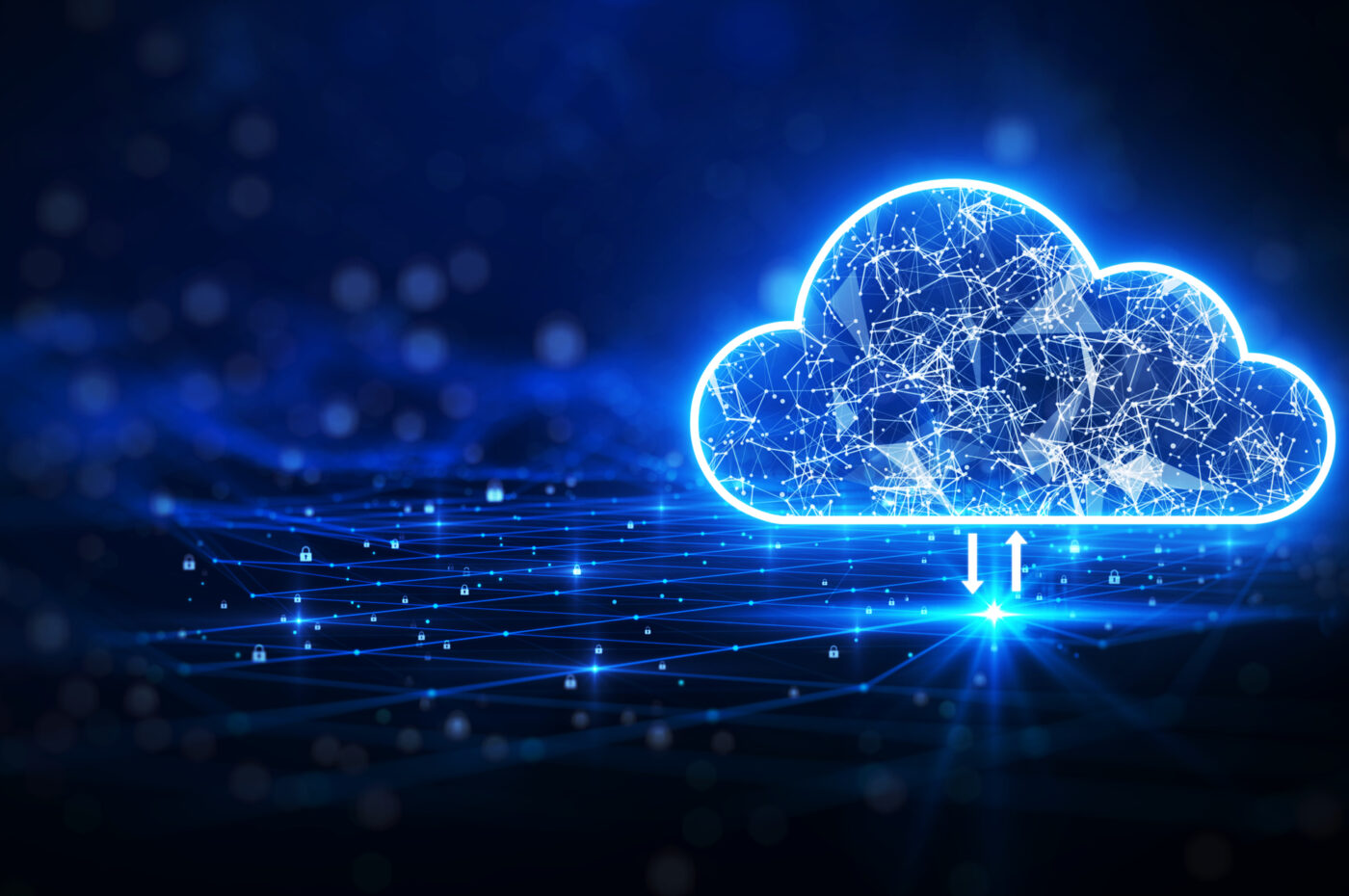 Glowing digital cloud icon over a network grid background, symbolizing cloud computing and data exchange