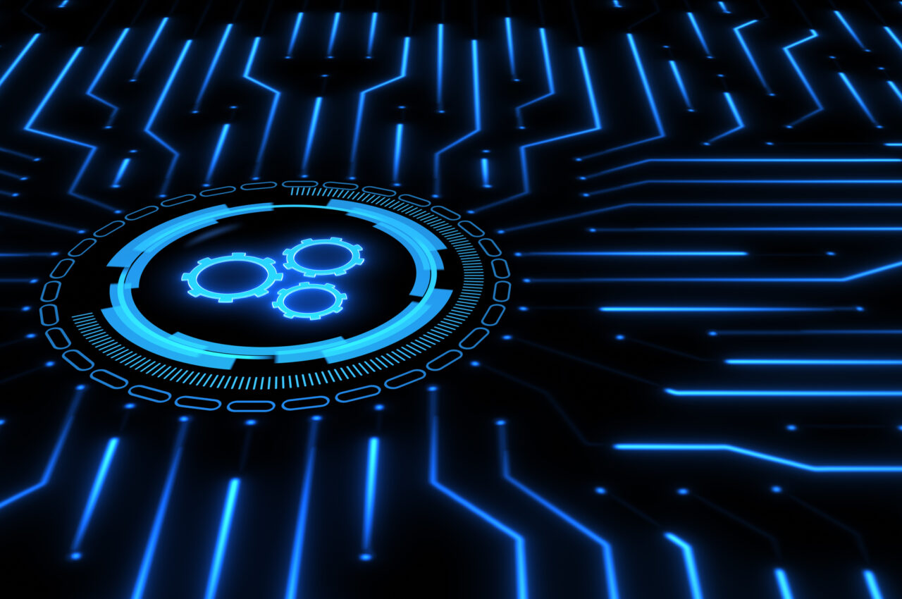 Blue digital gears surrounded by neon circuit patterns on a black background