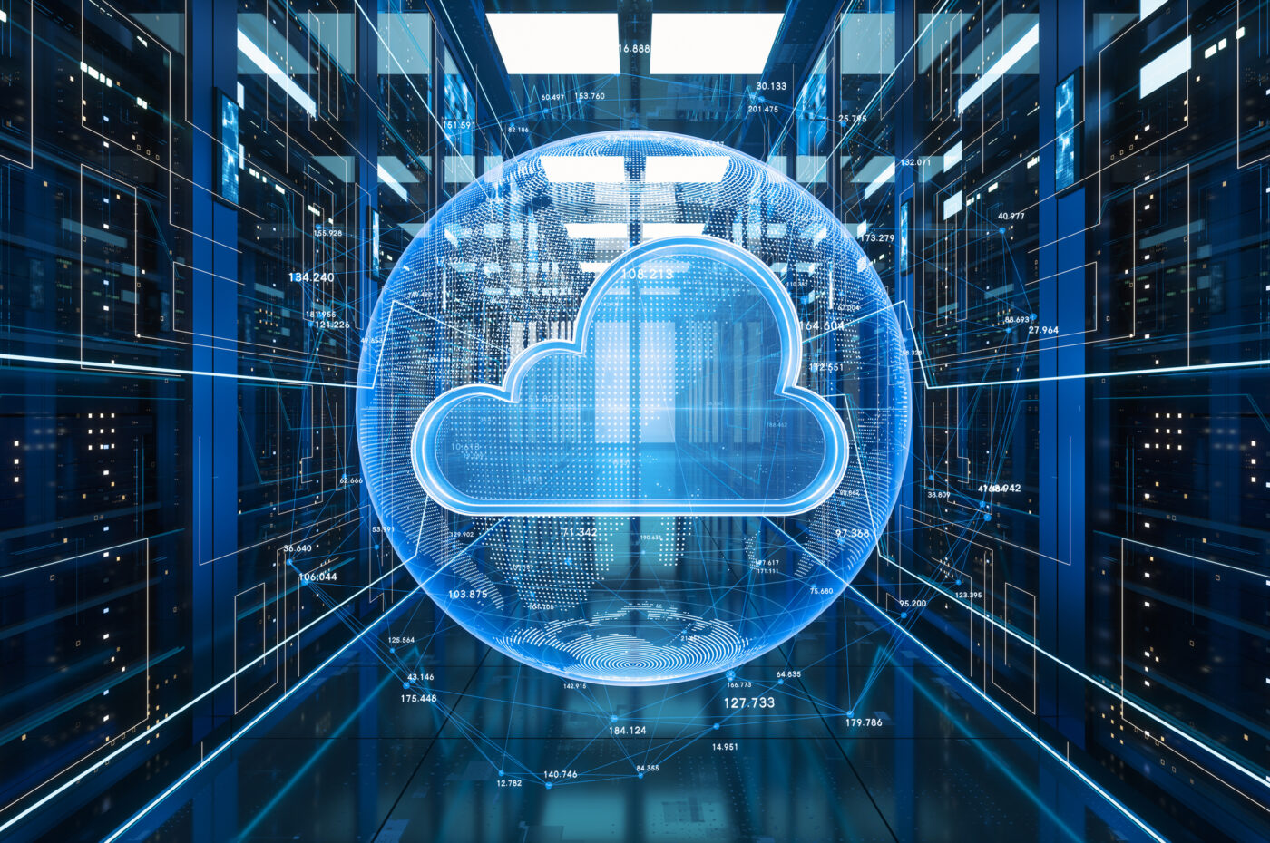 Digital cloud icon in futuristic data server room, blue tones, overlayed numerical data