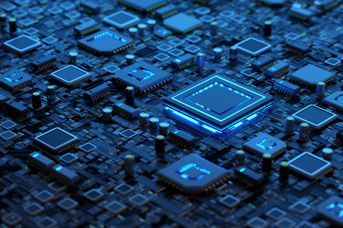 Blue-lit computer circuit board with illuminated microchips and pathways