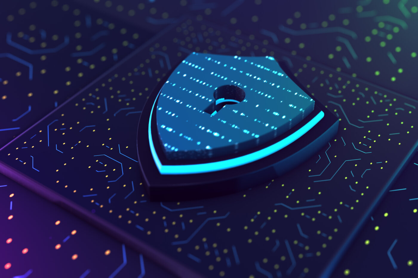Blue shield with binary code, keyhole center, on digital circuit board