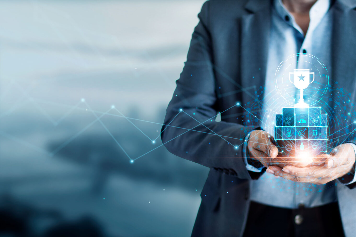 Businessperson holding a holographic trophy with data network overlay depicting success and technology integration