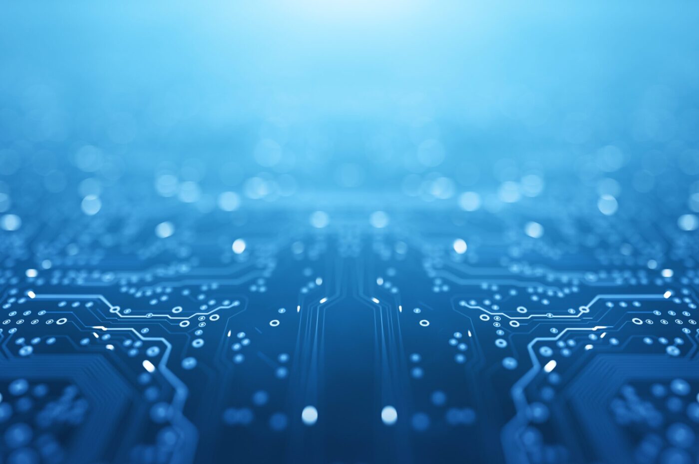 Abstract blue circuit board with glowing lines and dots