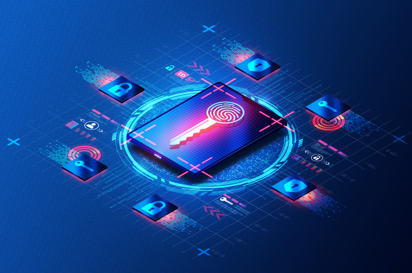 Digital security concept with a central key in blue, surrounded by locks