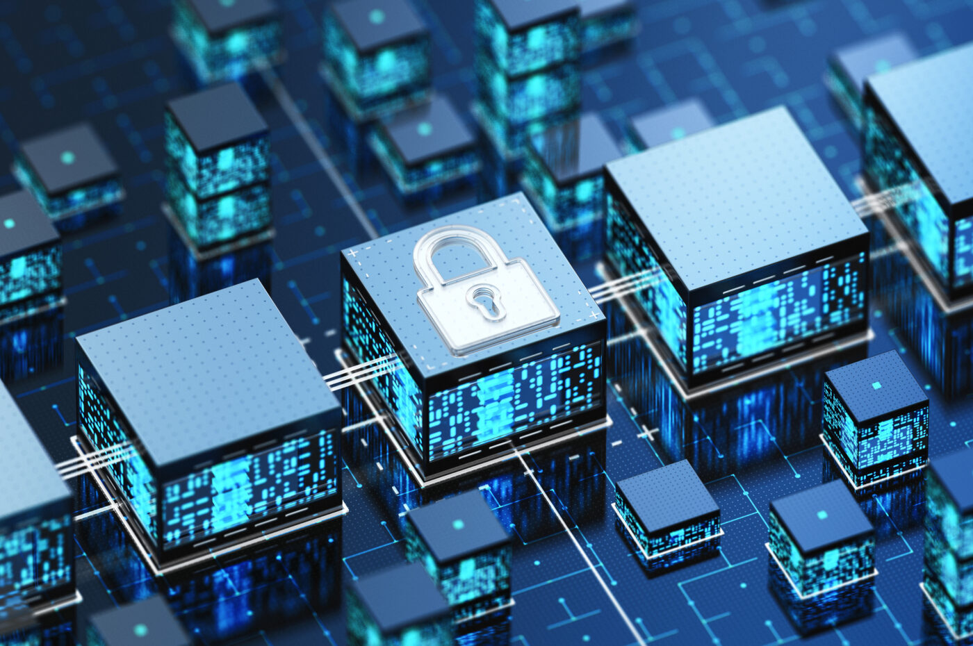 Blockchain network with secure lock icon on a block
