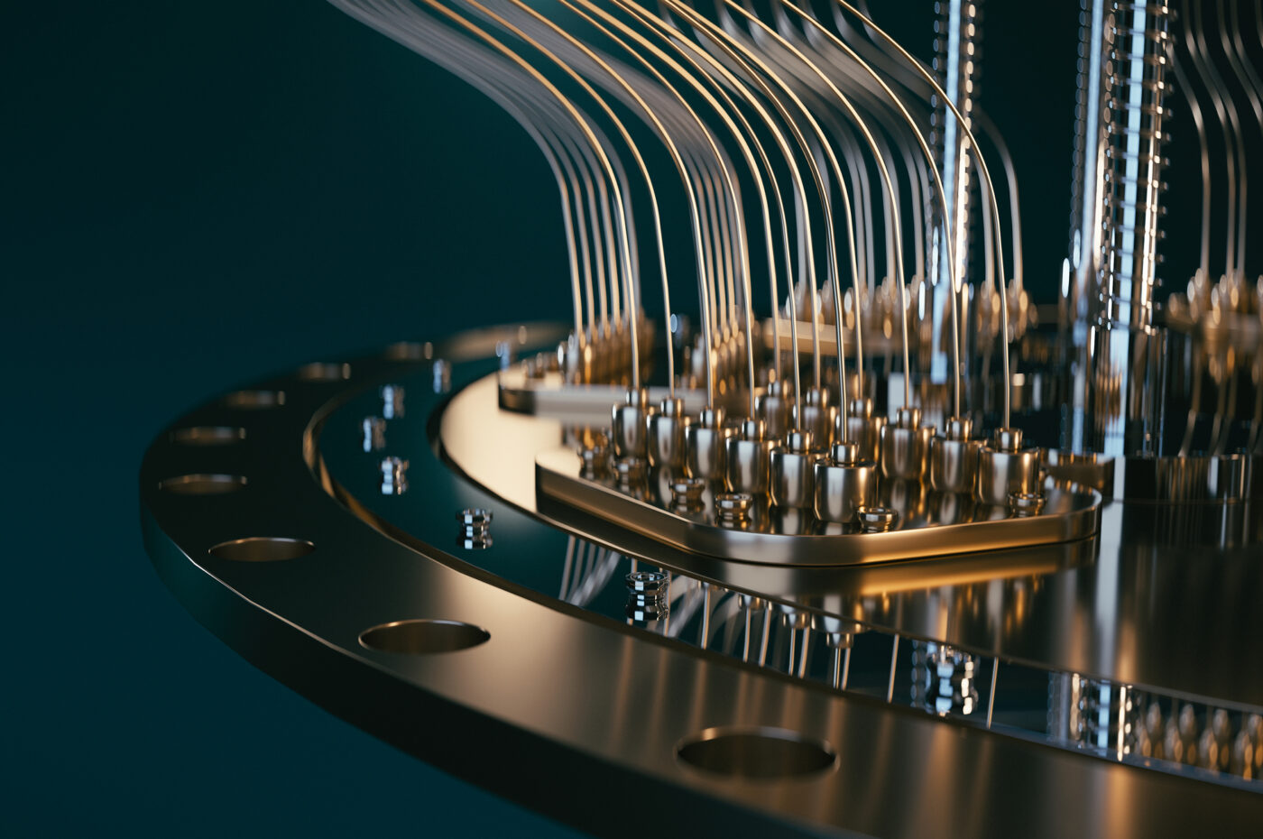Close-up view of a futuristic, metallic quantum computer component with intricate wires