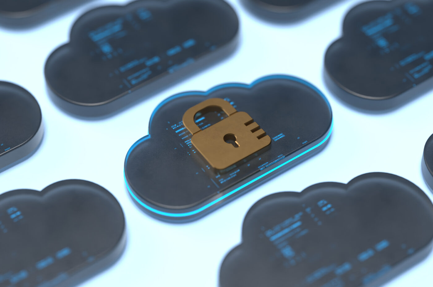 Cloud icons with digital data and a central padlock symbolizing security