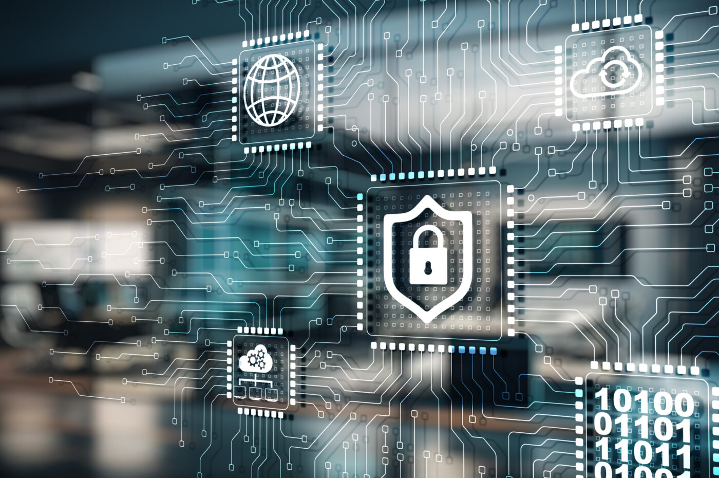Digital circuit board featuring padlock symbol, representing cybersecurity and data protection. Detailed icons of cloud, globe, and gears