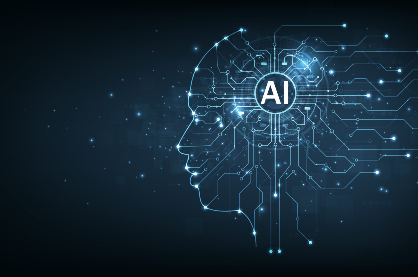 Artificial intelligence concept with a digital brain outline and glowing circuits