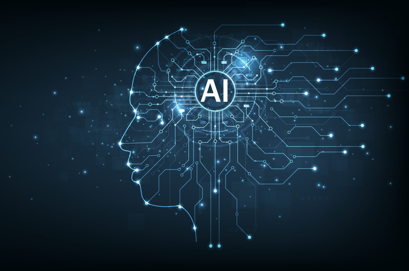 Human profile with circuit board lines and "AI" text in center, glowing