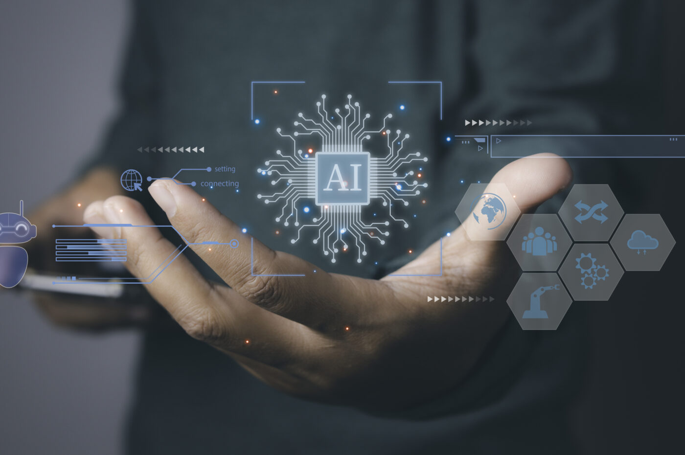 Hand holding smartphone with AI digital interface hologram, including icons of technology and communication