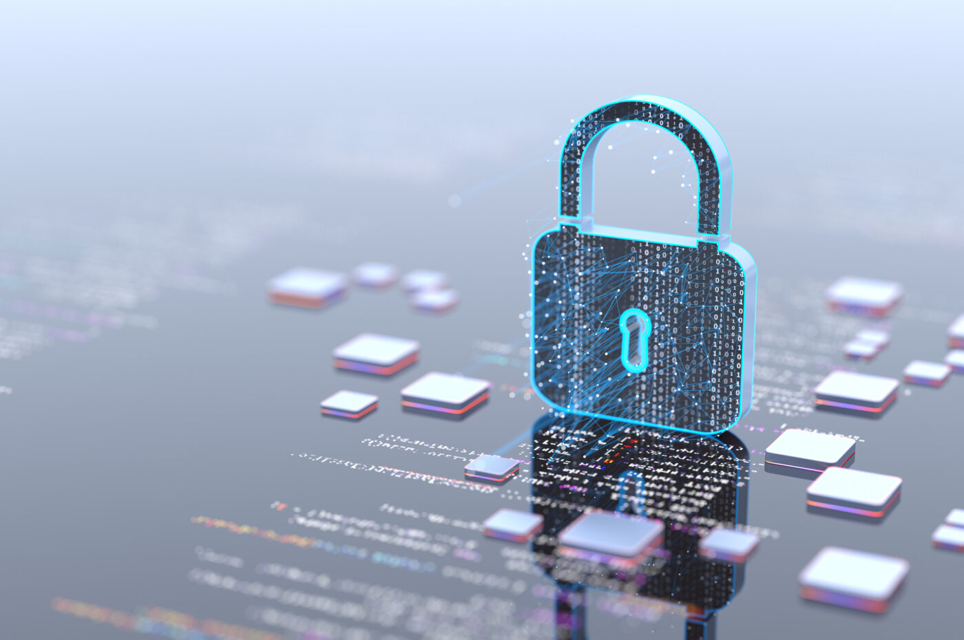 Digital padlock over abstract data, symbolizing cybersecurity