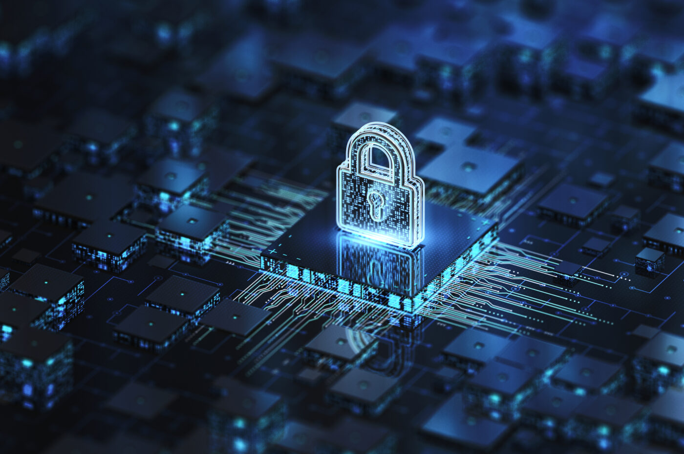 Digital padlock on circuit board, symbolizing cybersecurity and data protection