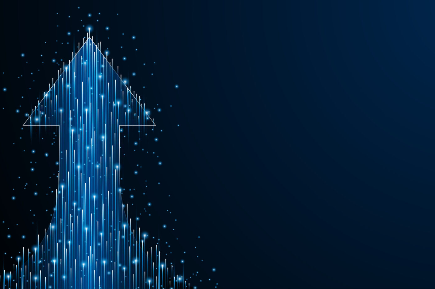 Blue digital arrow made of particles and lines pointing upward on dark background