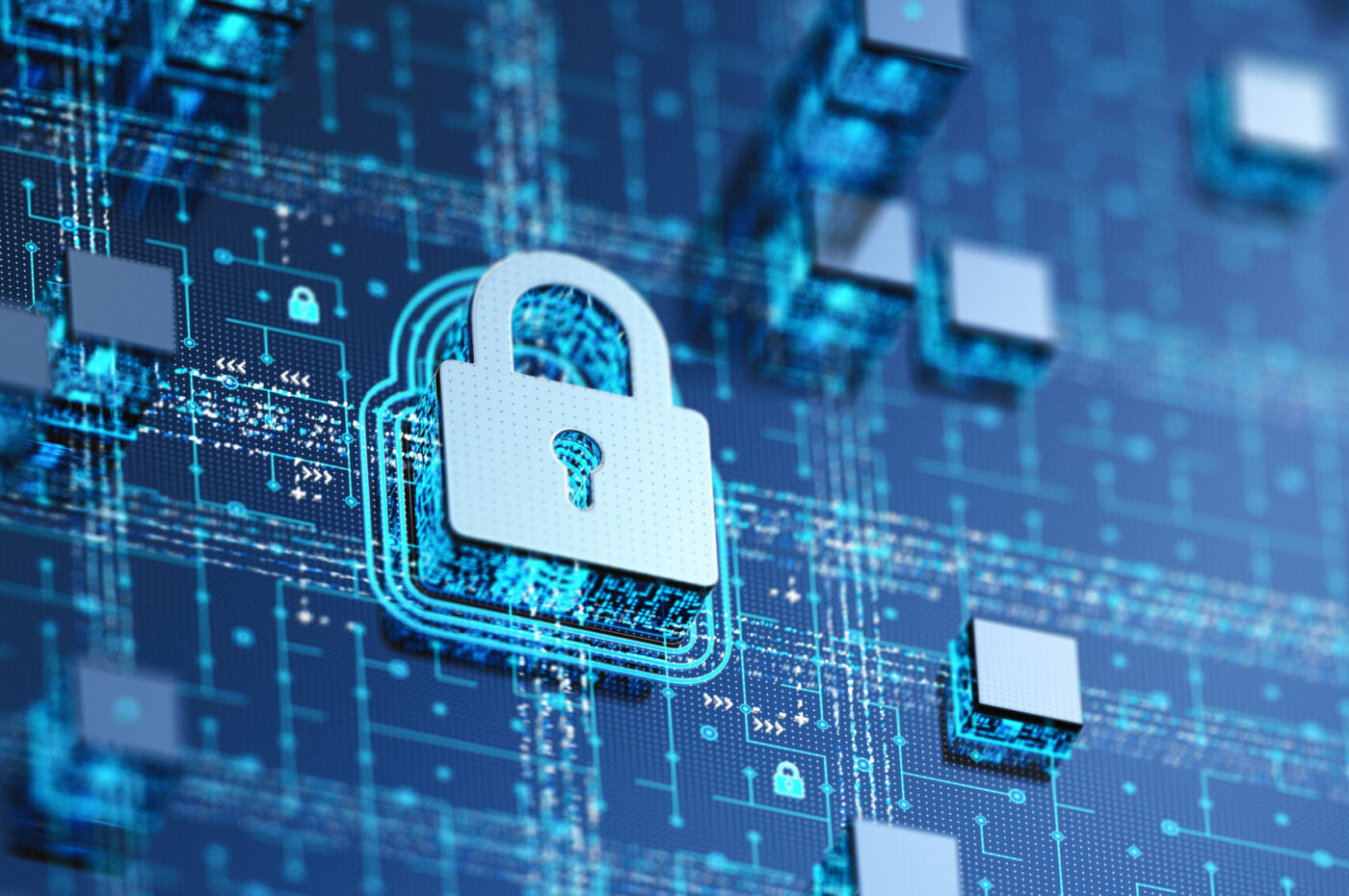 Digital padlock on a circuit board representing cybersecurity