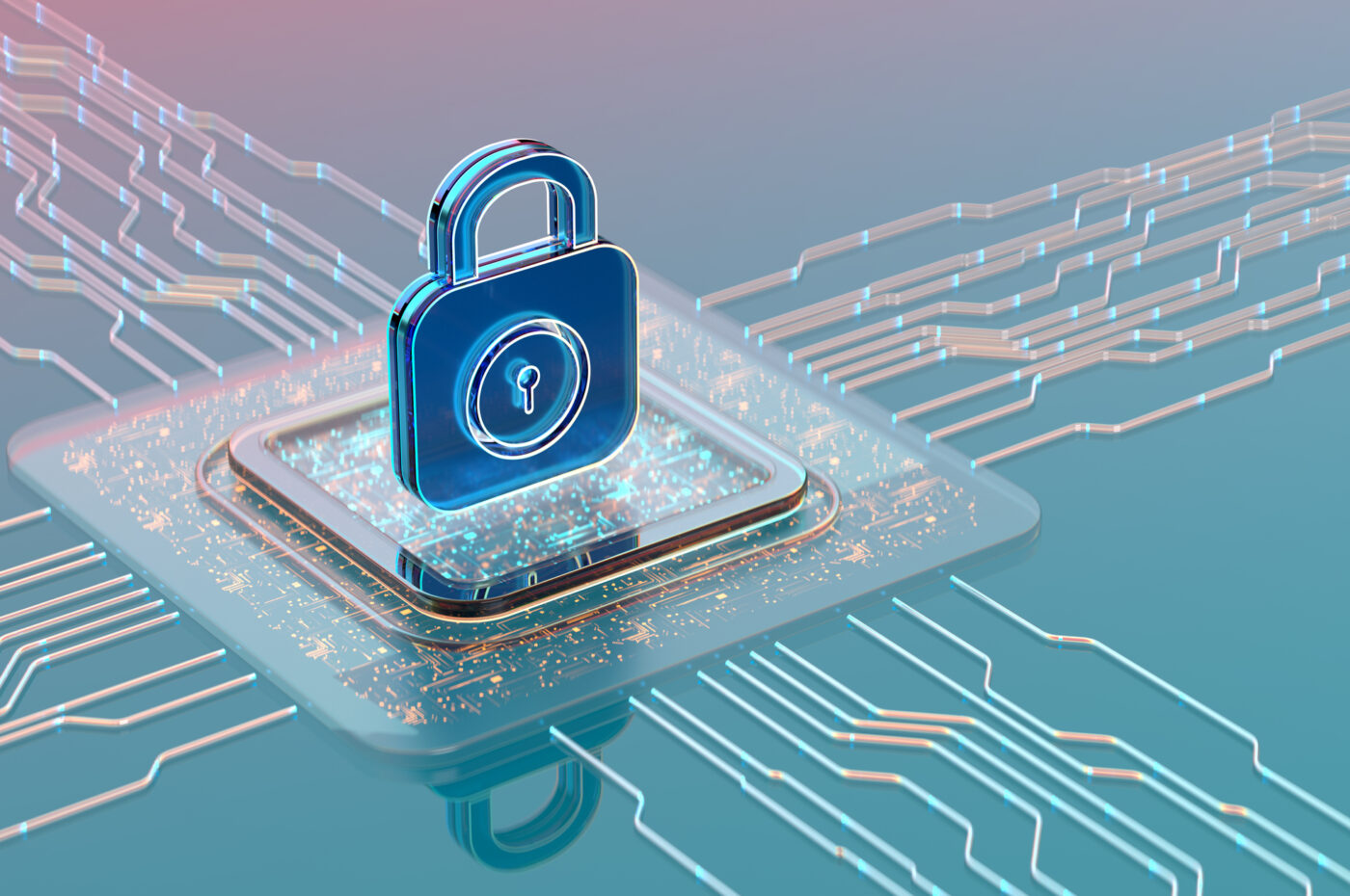 Blue padlock on digital circuit board, symbolizing cybersecurity