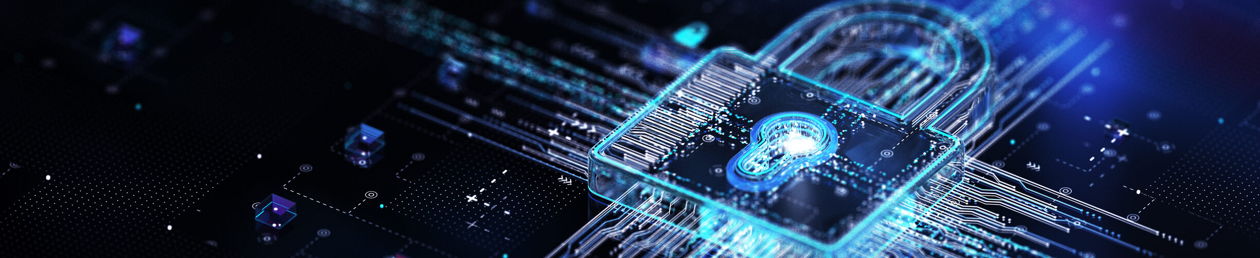 Digital padlock symbolizing cybersecurity on a circuit board background