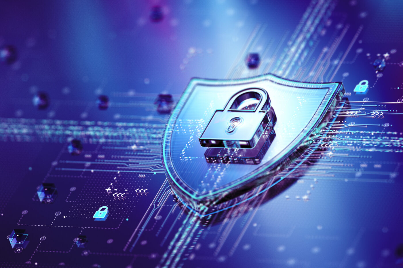 Digital security concept with a metallic lock on a shield