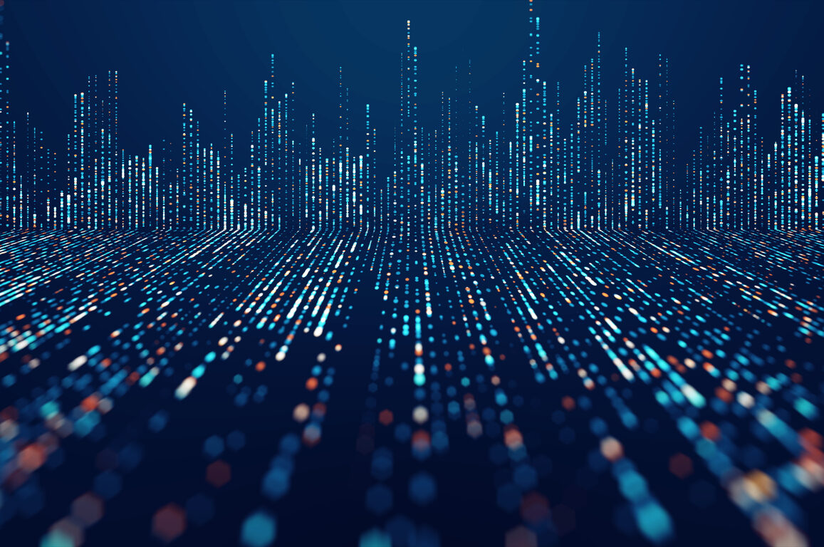 Abstract digital landscape with glowing blue and orange dots on a dark background