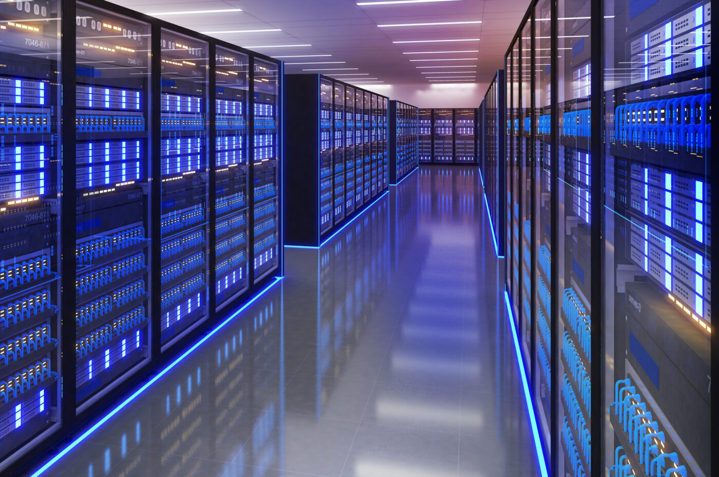 Server room with illuminated racks and blue LED lights