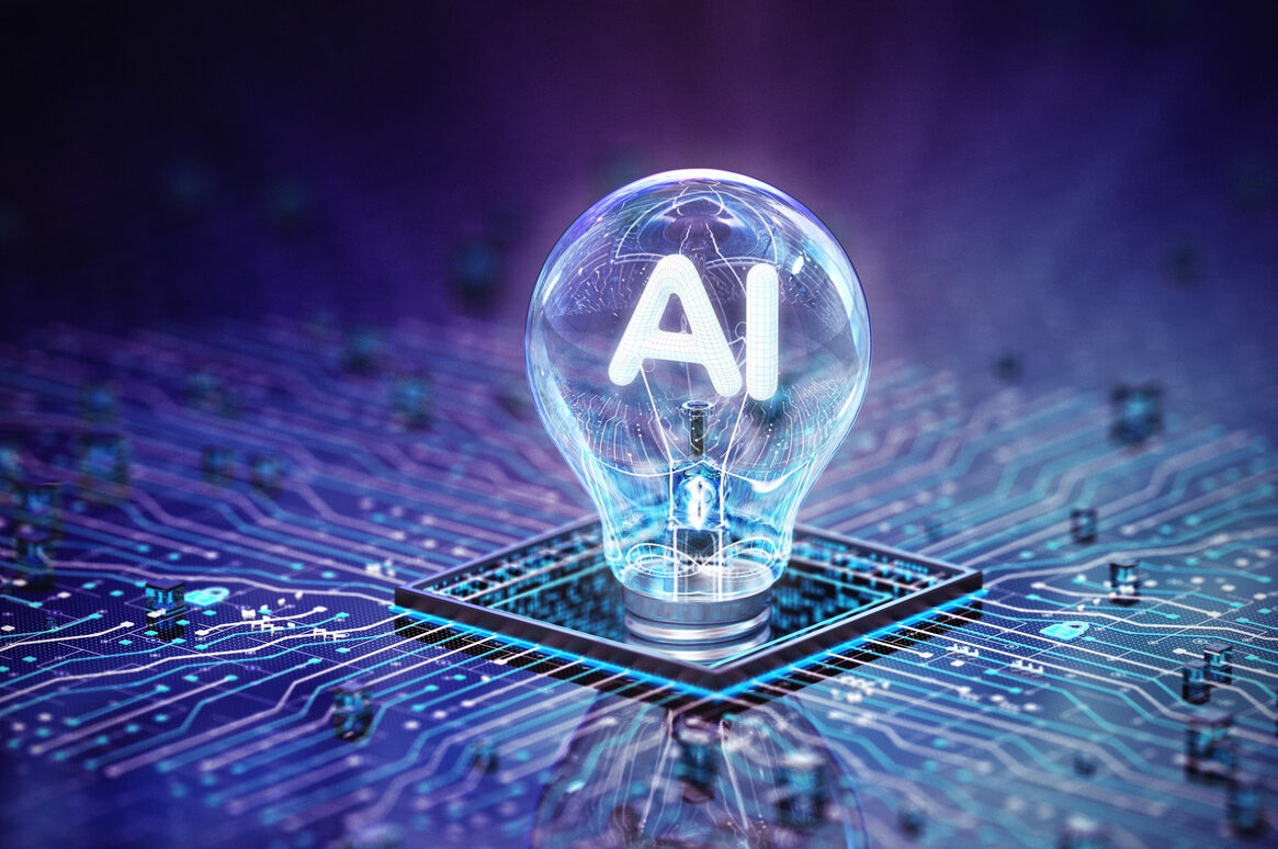 Light bulb labeled "AI" on digital circuit background