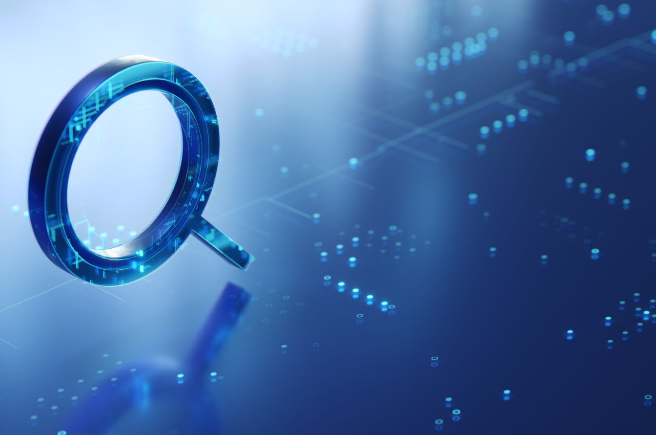 Digital magnifying glass on a futuristic blue background, suggesting technology and data analysis