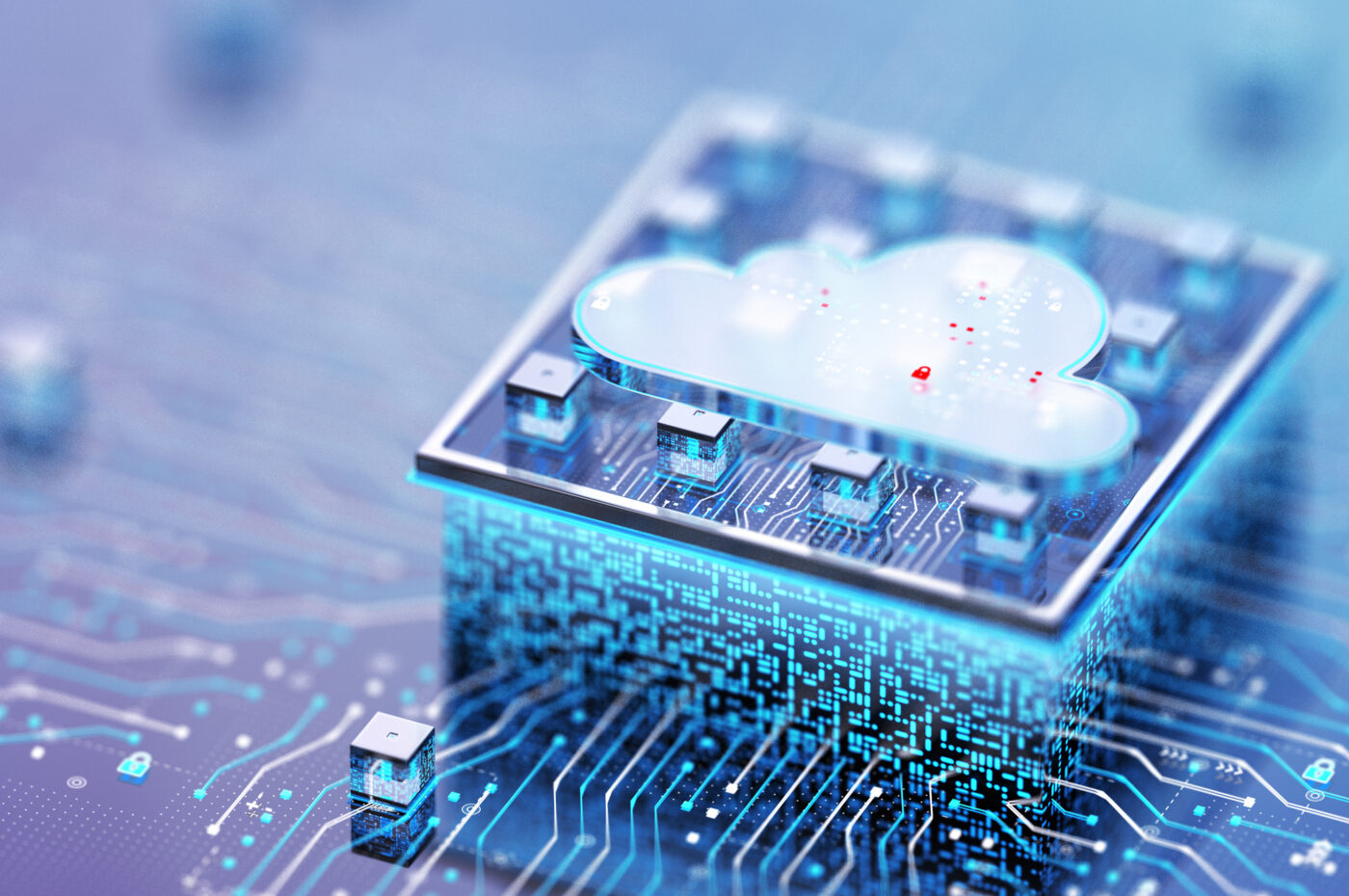 Cloud technology circuit board with digital cloud icon, futuristic design