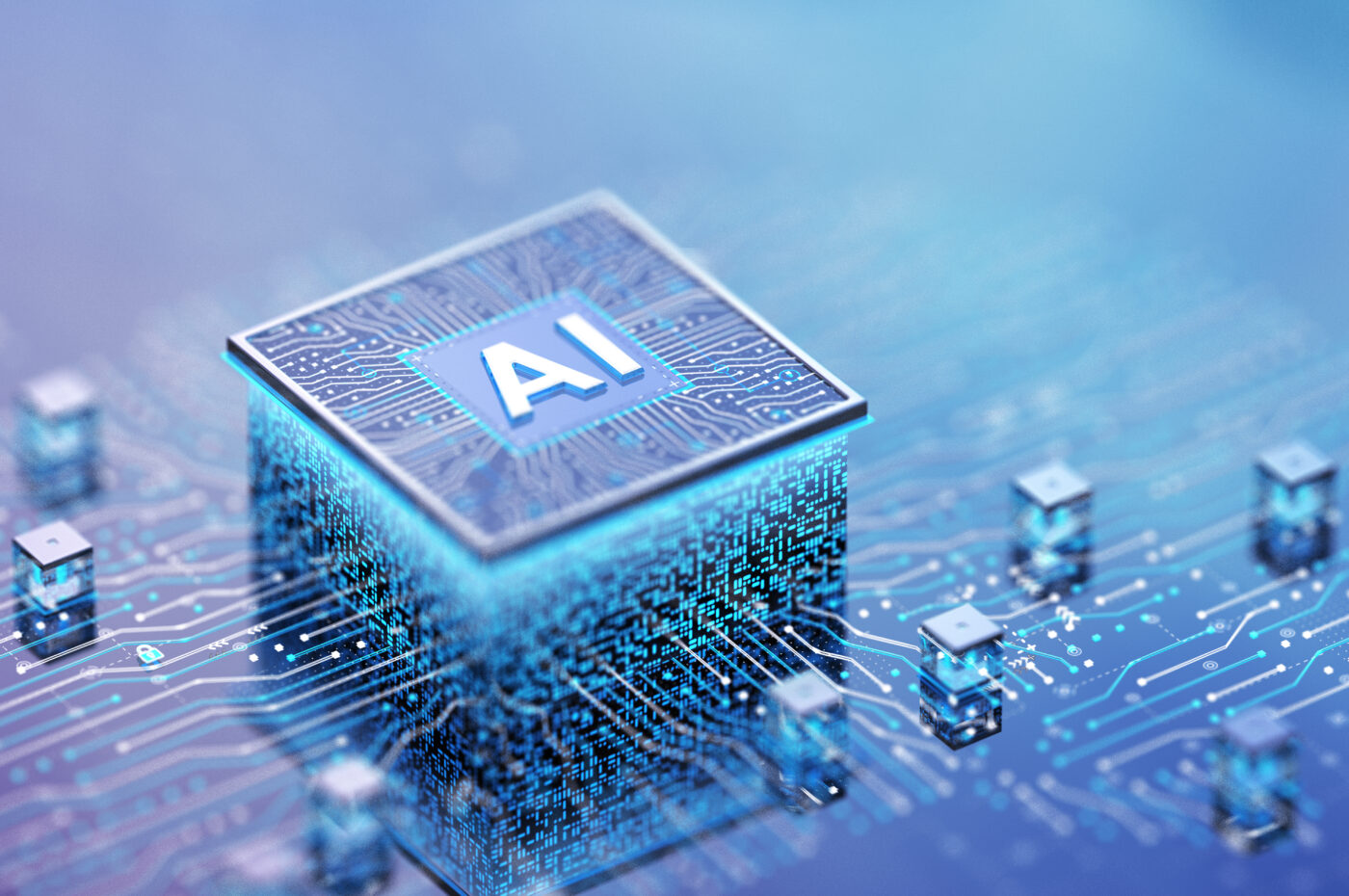 AI microchip on a circuit board with glowing blue lines