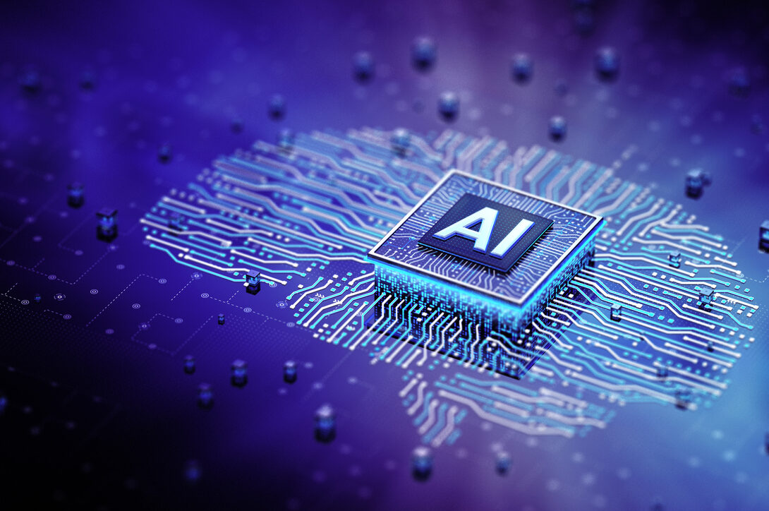 AI chip on circuit board with glowing lines, futuristic technology concept