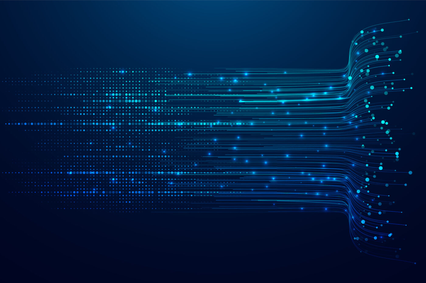 Blue digital lines and dots forming a flowing, abstract pattern on a dark blue background