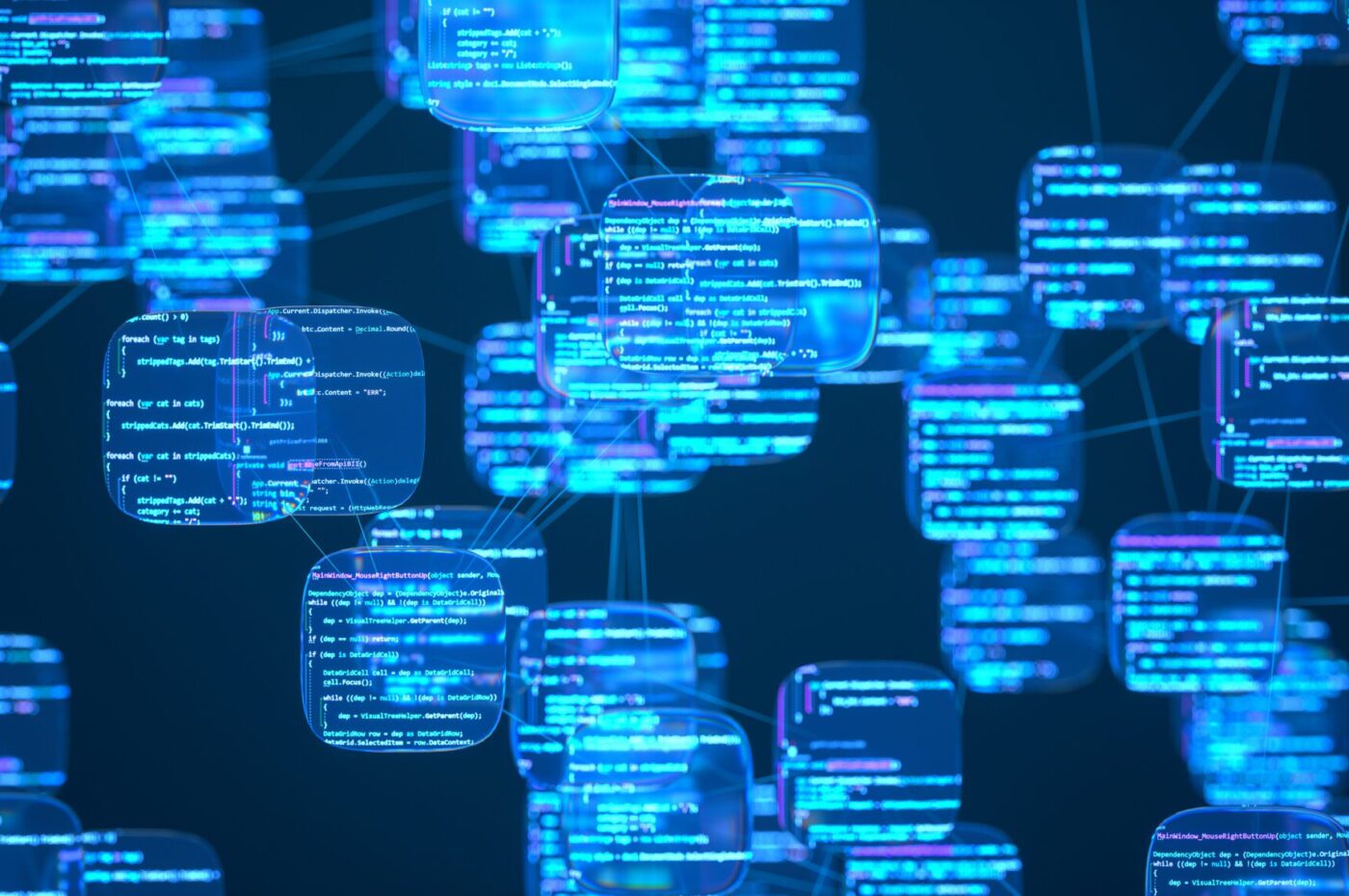 Blue digital network with interconnected code blocks on a dark background