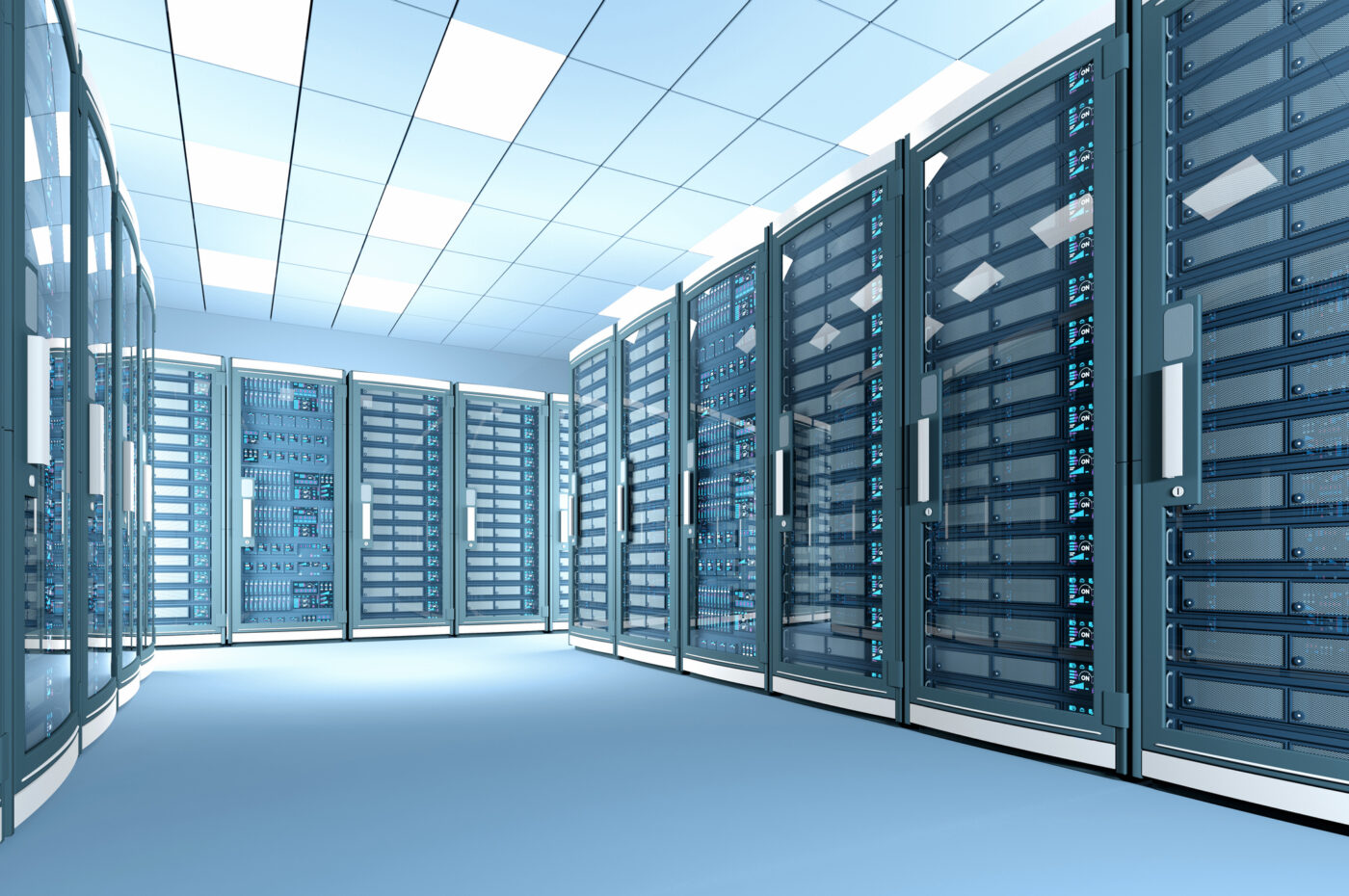 Server room with rows of data racks in a bright, modern facility